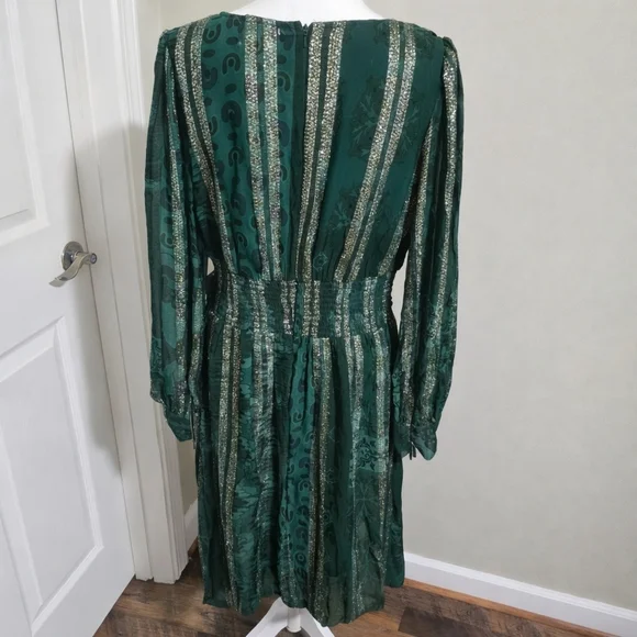 CIEBON Onella Metallic Stripe Chiffon Midi Dress Green Gold NWT Size L - Picture 5 of 11